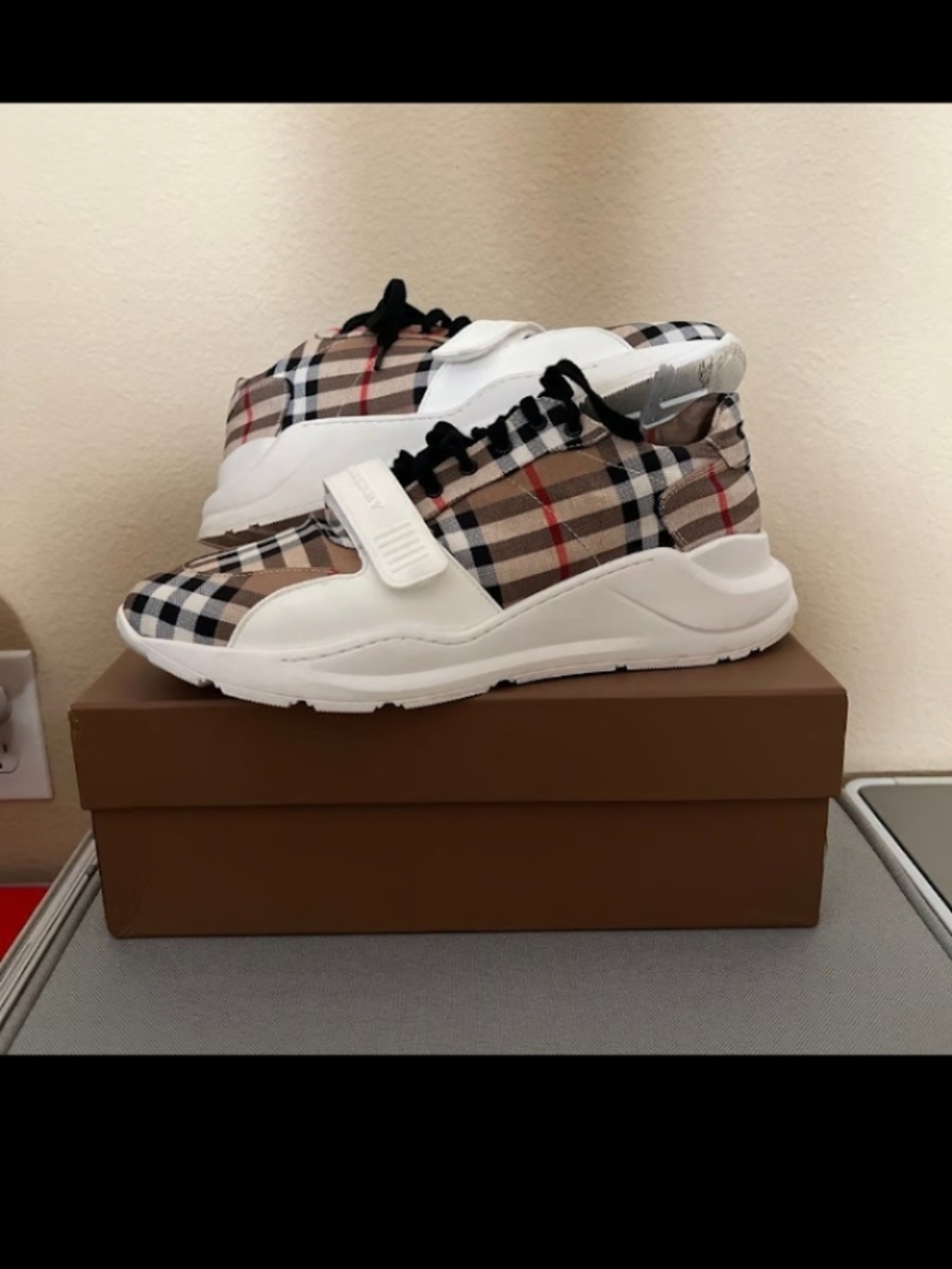 Burberry Beige Plaid Low-Top Sneakers with White Trim